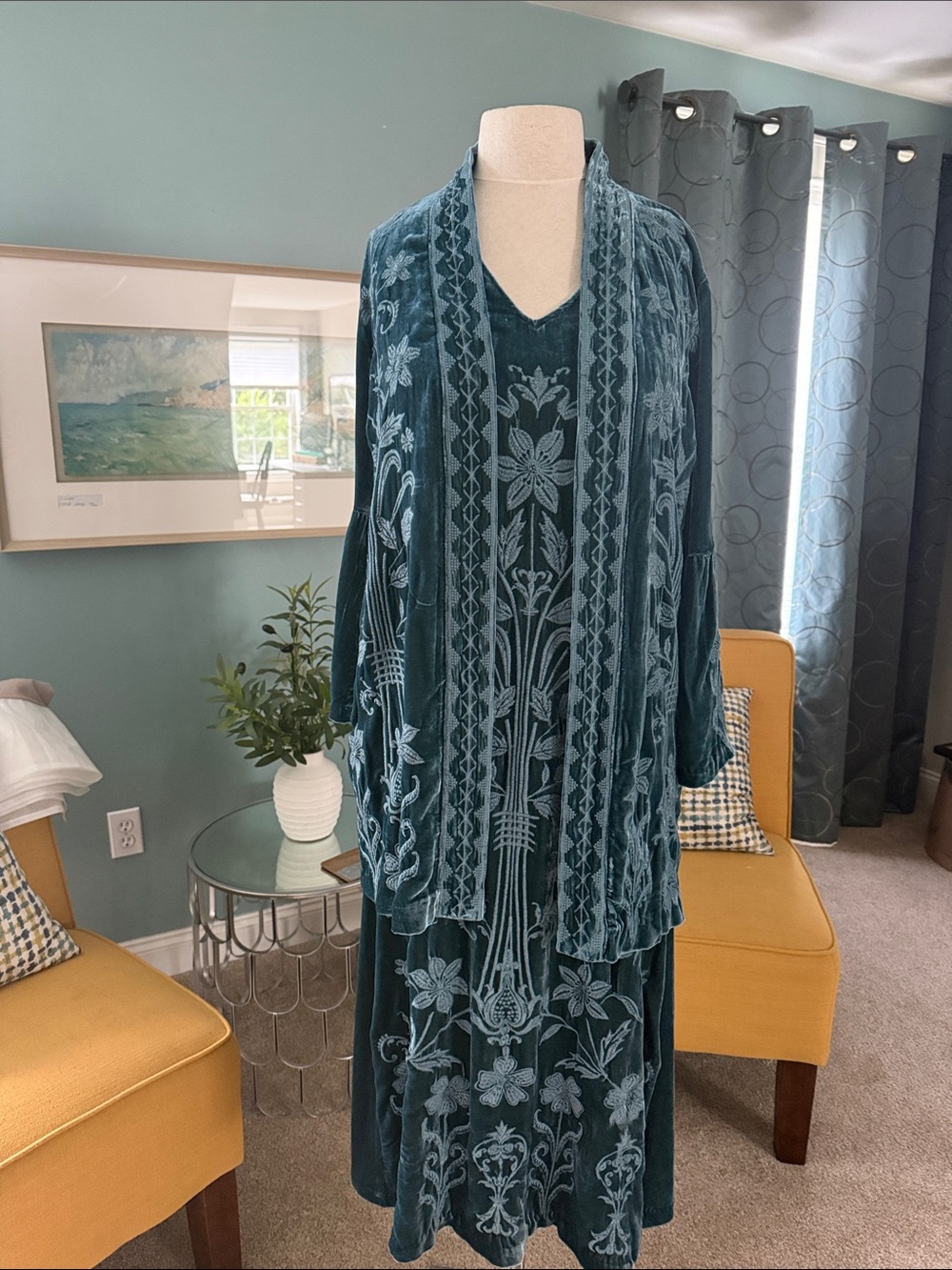 JOHNNY WAS Talithia Peacock Velvet Embroidered Dress Duster Set XS